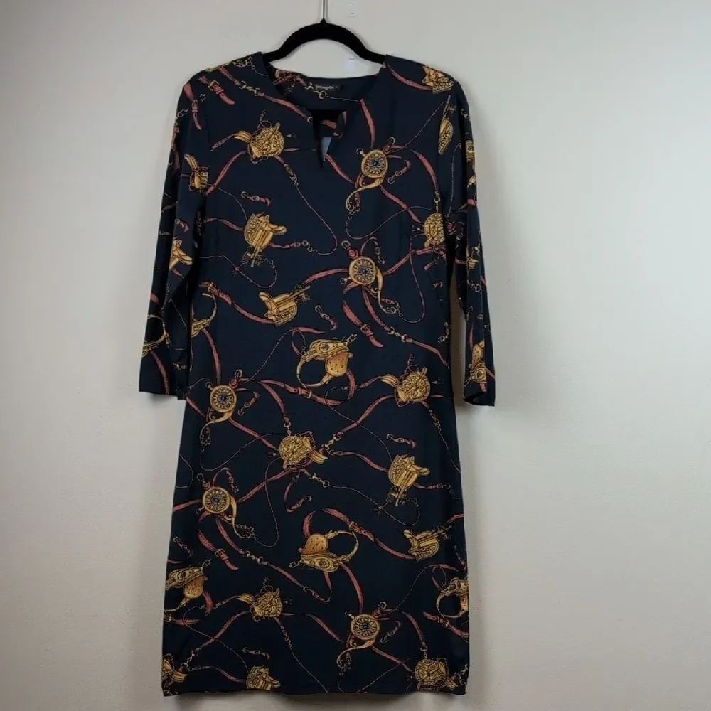 J. McLaughlin Carly Dress 3/4 Sleeves Navy Blue Equestrian Print Dress Size L
